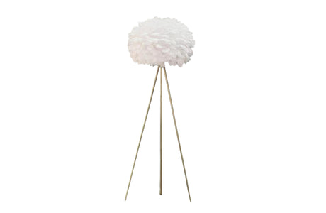 Tripod floor lamp with white feather shade and gold base