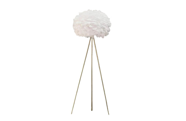 Tripod floor lamp with white feather shade and gold base