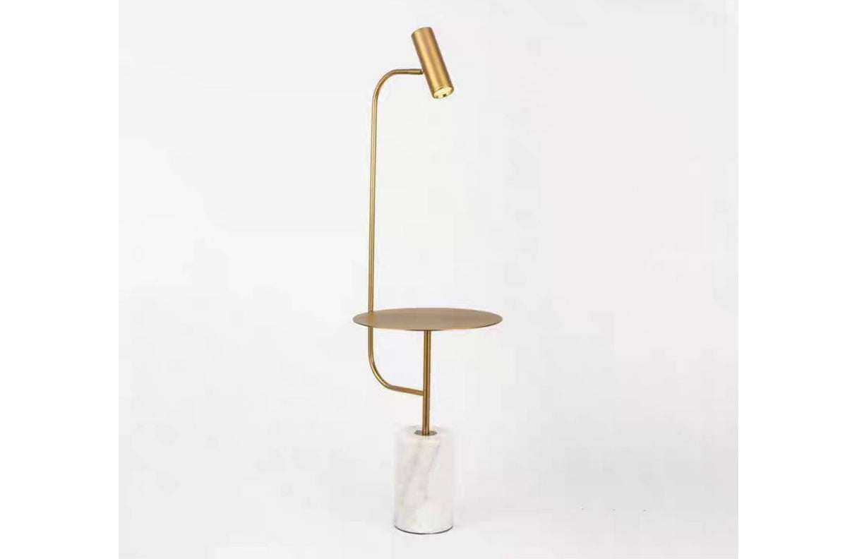Floor lamp with gold frame, white marble base and integrated shelf