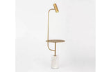 Floor lamp with gold frame, white marble base and integrated shelf