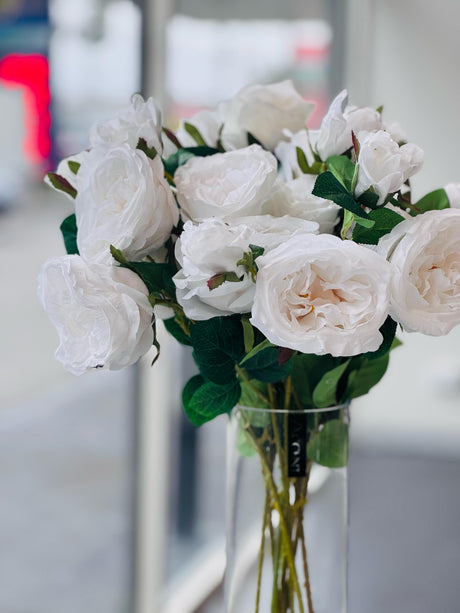White artificial rose stem close-up showing realistic petal texture and detail — Allure Home Collections