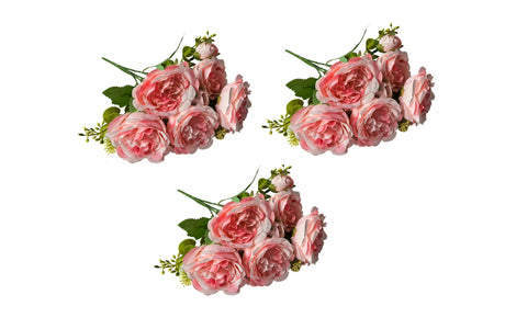Coral faux rose bunch close-up showing lifelike petal and leaf detail — Allure Home Collections