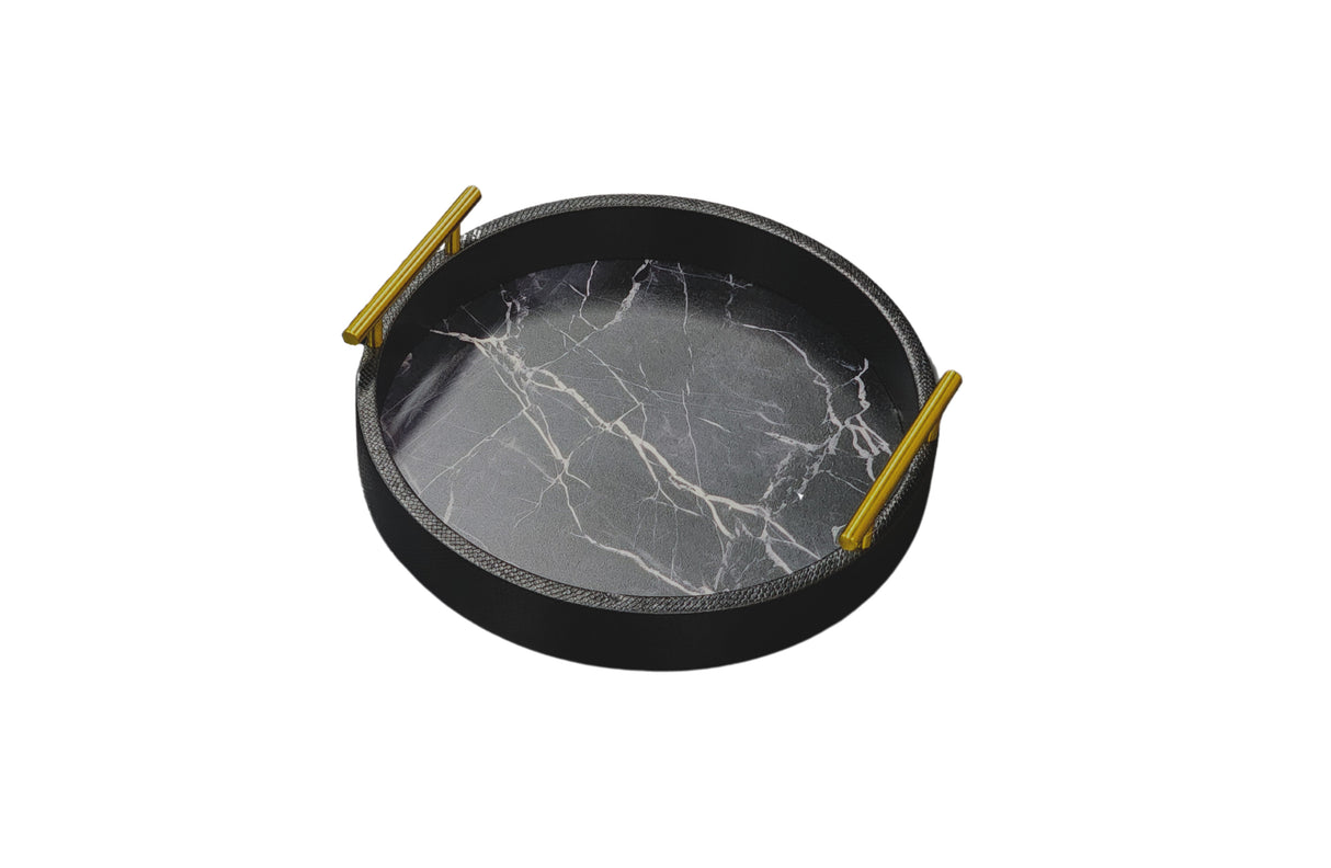 Small black faux marble round tray with gold handles