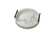 Small white faux marble round tray with black handles