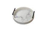 Small white faux marble round tray with black handles