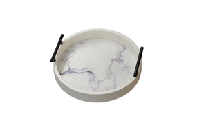 Small white faux marble round tray with black handles