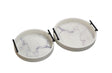 Pair of white faux marble round trays with black handles