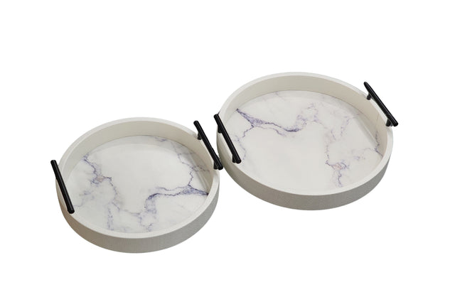 Pair of white faux marble round trays with black handles