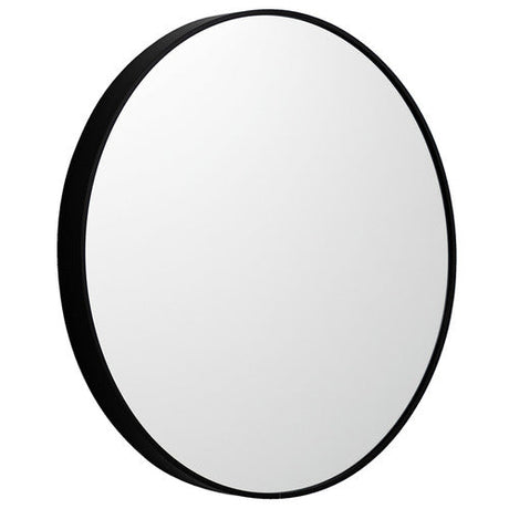 Fairhaven black round metal wall mirror in a contemporary living room