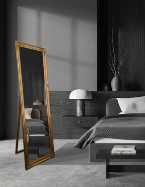 Moggs Creek gold ornate French provincial free standing floor mirror in an elegant bedroom