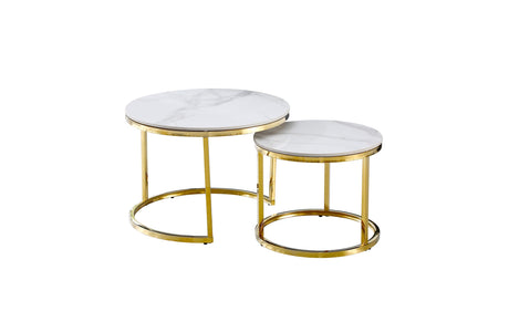 Strath Creek white marble on gold nesting coffee table in a modern living room