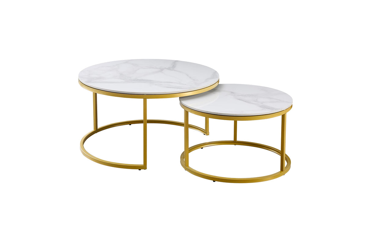 Strath Creek white marble on champagne gold nesting coffee table in a modern living room