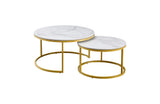 Strath Creek white marble on champagne gold nesting coffee table in a modern living room