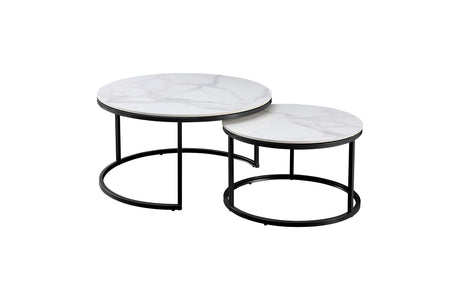 Strath Creek white marble on black nesting coffee table in a modern living room