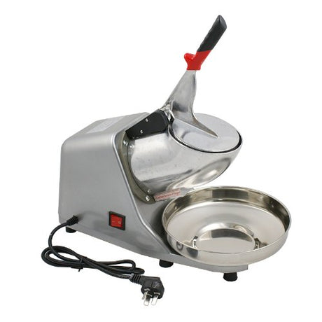Front view of the benchtop ice shaver showing heavy cast base and covered switch
