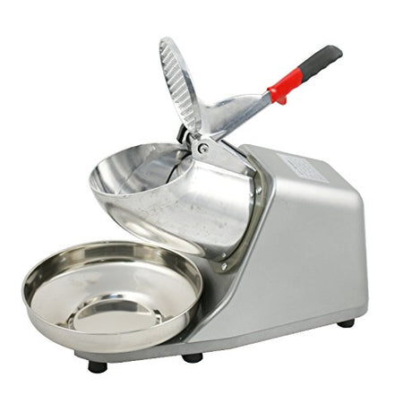 Stainless steel holding bowl catching fine shaved ice from the machine