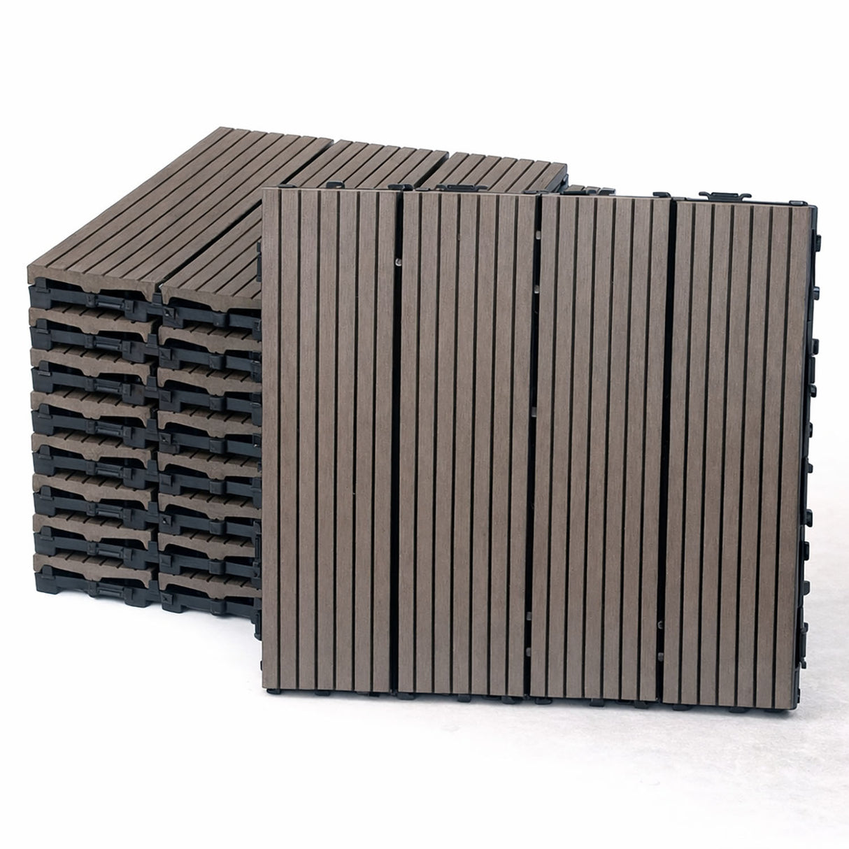 Mijas walnut composite deck tiles interlocked on a balcony