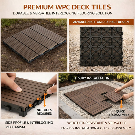 Mijas Composite Deck Tiles, 30 x 30cm, Walnut, 10pcs
