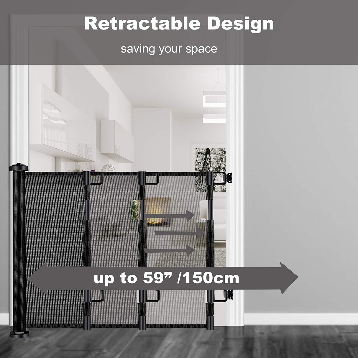 Retractable Baby Safety Gate, Mesh 150cm Black