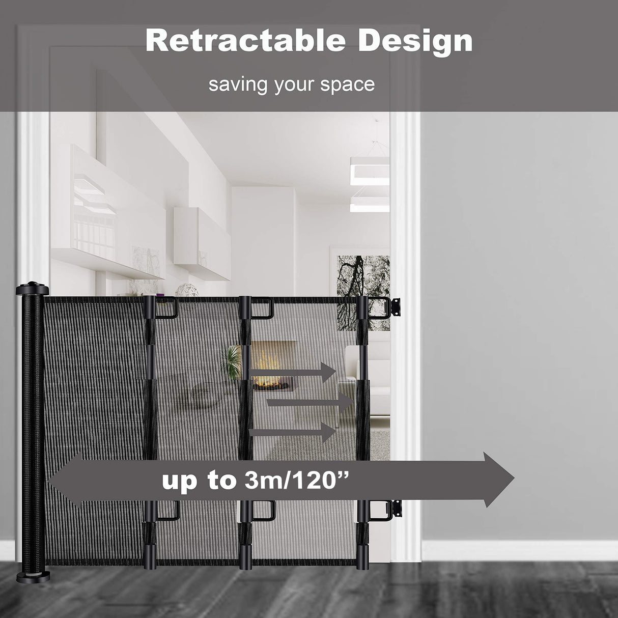 Retractable Baby Safety Gate, Mesh 300cm Black