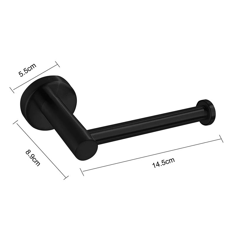 Black toilet roll holder stuck to a tiled bathroom wall without drilling