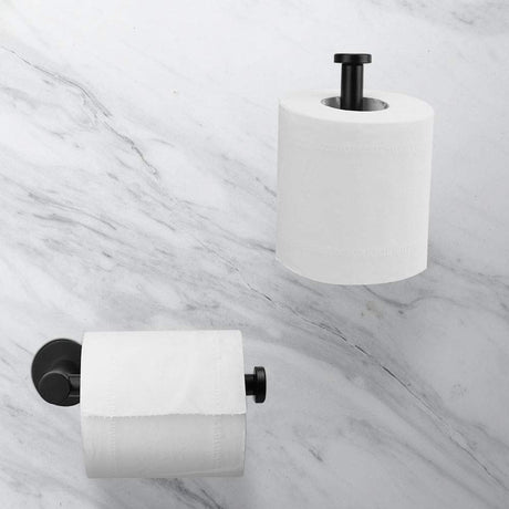 Black roll holder shown beside a toilet in a compact bathroom