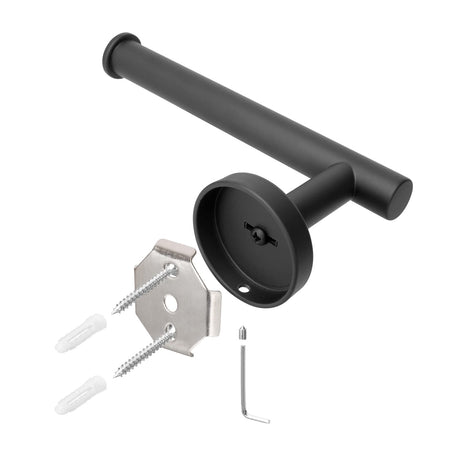 Black screw mounted toilet roll holder fitted to a bathroom wall
