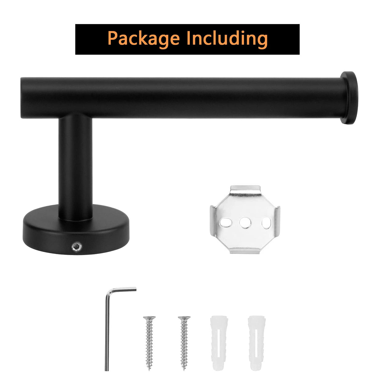 Black holder with bracket and screws laid out as supplied