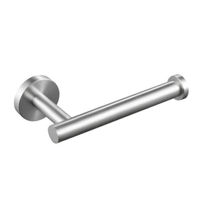 Brushed silver stainless steel toilet paper holder with single arm design