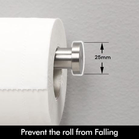 Brushed silver toilet paper holder shown at 75 by 155 by 25 mm
