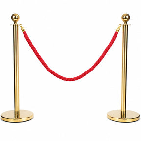 Gold queue barrier stanchion set with red velvet rope