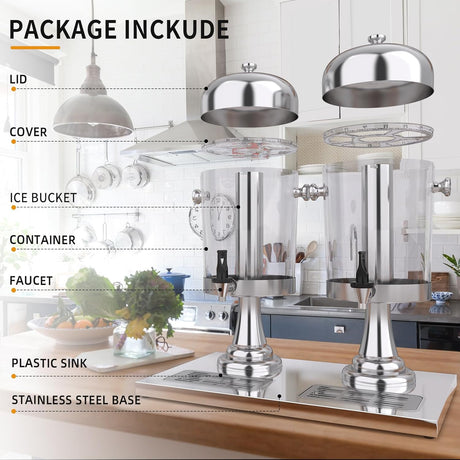 Beverage dispenser disassembled showing tank, ice chamber, stand and base