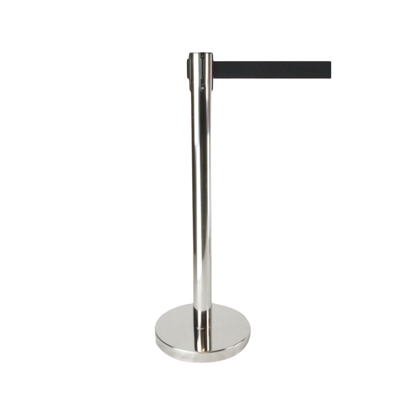 Retractable belt queue barrier with silver post and black belt