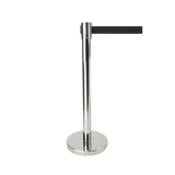 Retractable belt queue barrier with silver post and black belt