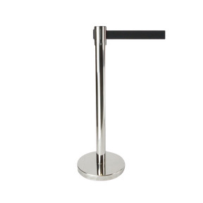 Retractable belt queue barrier with silver post and black belt