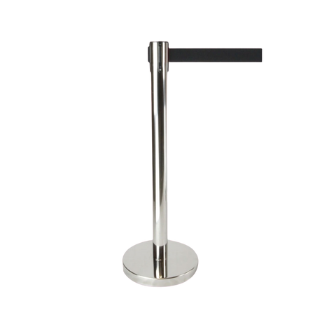 Retractable belt queue barrier with silver post and black belt