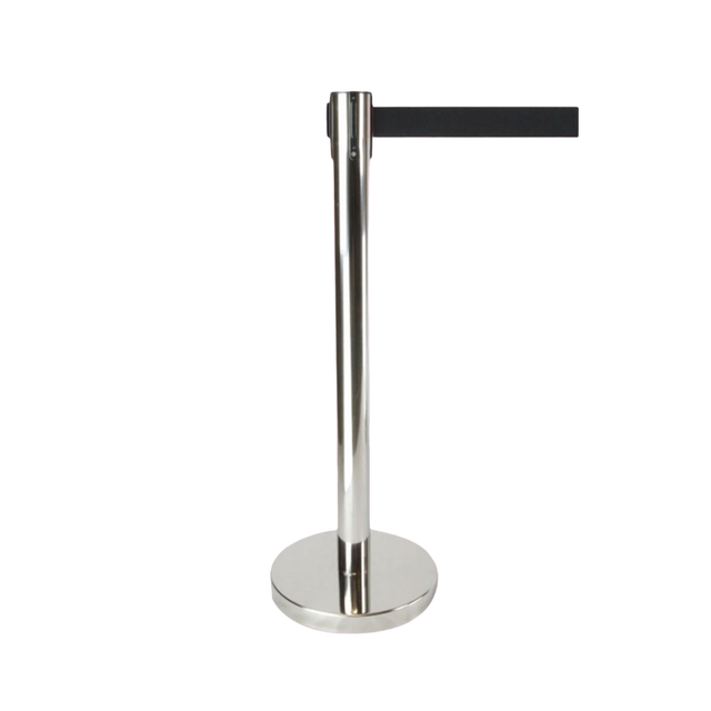 Retractable belt queue barrier with silver post and black belt