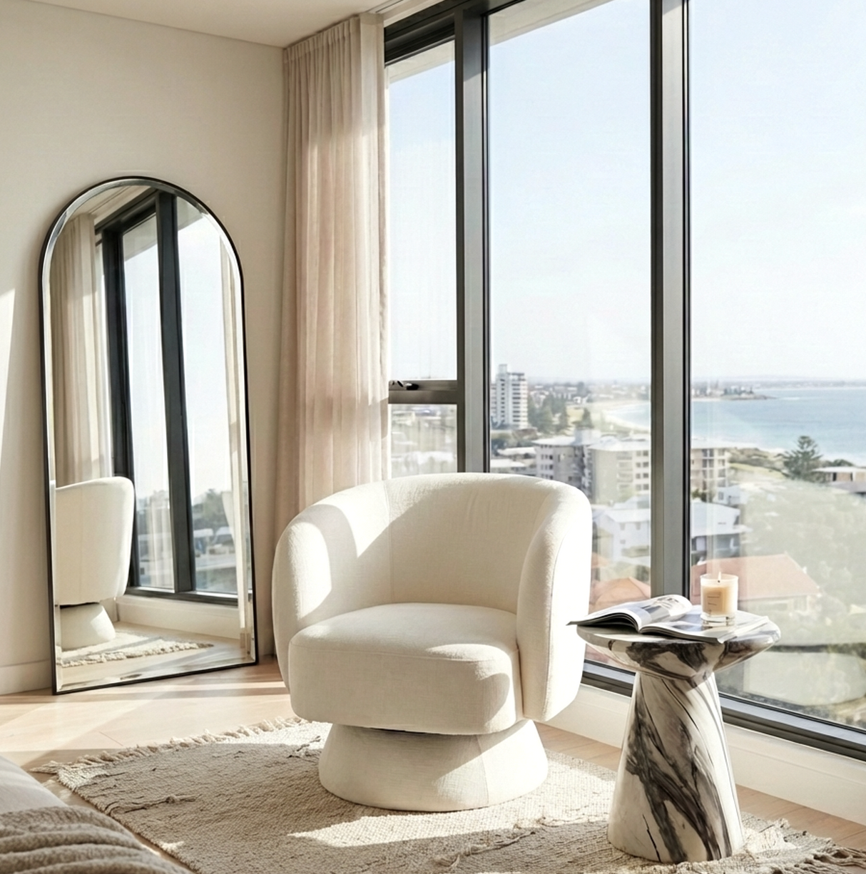 Bridalveil pearl white chenille swivel armchair in a modern living room