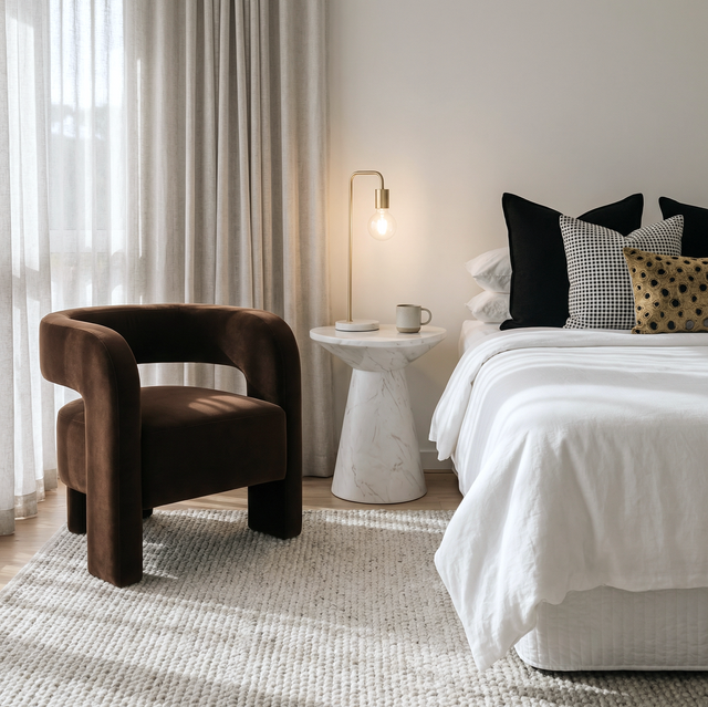 Sublime espresso velvet accent chair in a modern living room