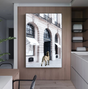 Bold fashion runway print with a white gallery border framed under acrylic glass