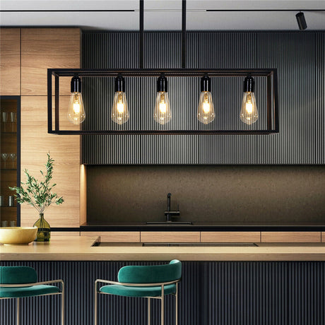 Industrial chandelier over dining table