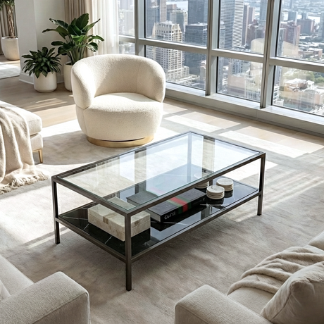 Mount Evelyn black marble and glass coffee table in a modern living room