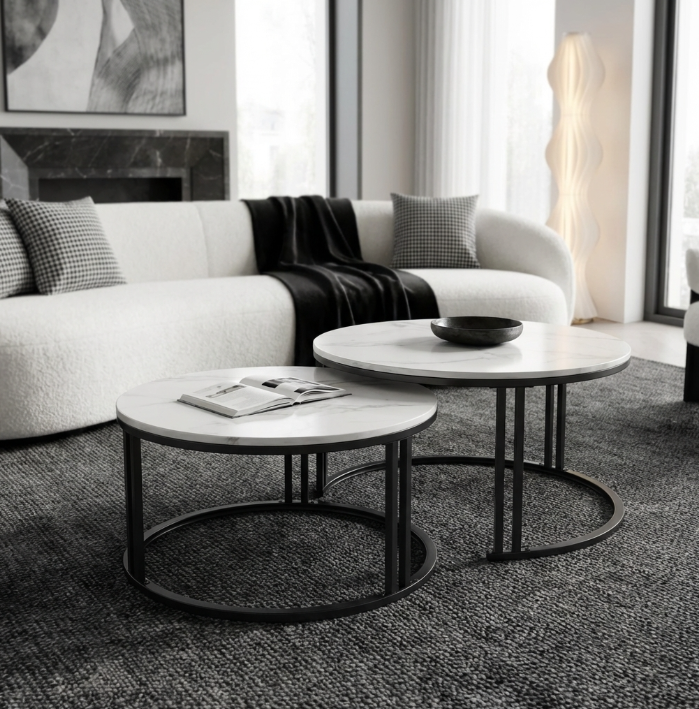 Lilydale white marble and black sintered stone marble coffee table in a modern living room