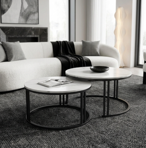 Lilydale white marble and black sintered stone marble coffee table in a modern living room