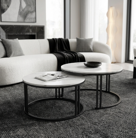 Lilydale white marble and black sintered stone marble coffee table in a modern living room