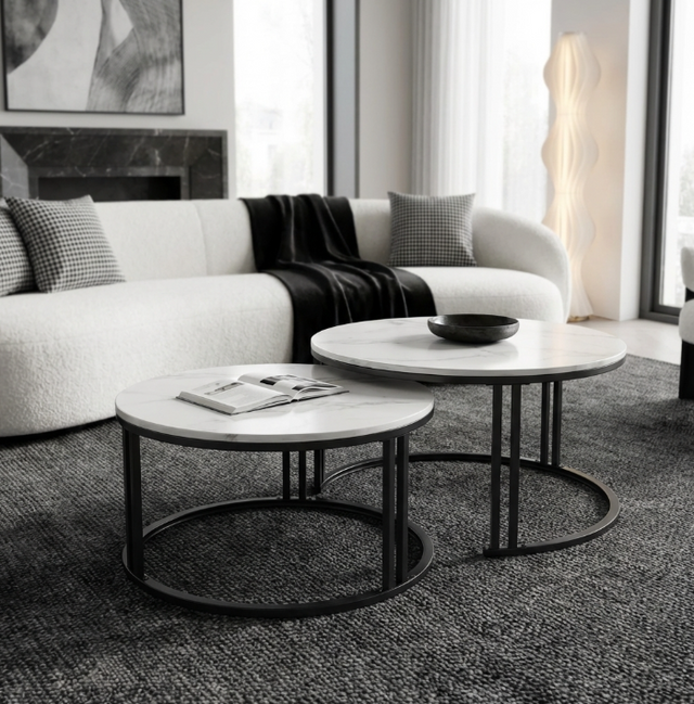 Lilydale white marble and black sintered stone marble coffee table in a modern living room