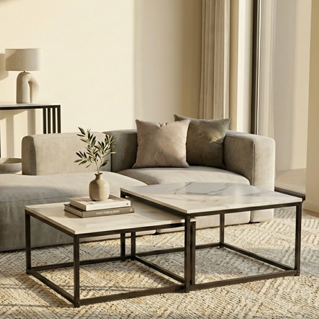 Mooroolbark white marble and black sintered stone marble coffee table in a modern living room