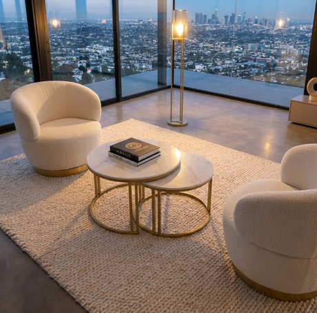 Warrandyte white marble and gold sintered stone marble coffee table in a modern living room
