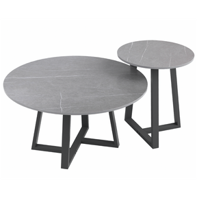 Gladysdale stone grey sintered marble two tier coffee table in a living room