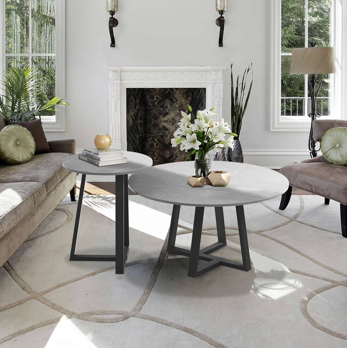 Interior Ave Broadway Two-Tier Coffee Table Set — Stone Grey Sintered Marble — Allure Home Collections